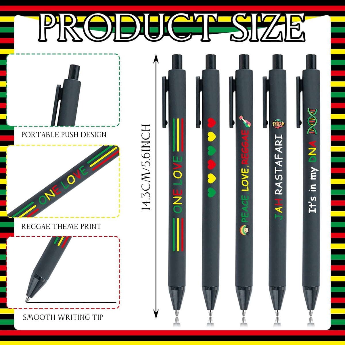 8 Pack Reggae Music Ballpoint Pens, Black Ink Peace Love Quote Writing Instruments for Jamaica Culture Fans, Stylish Stationery Set, Retractable Pens for Office Home Use