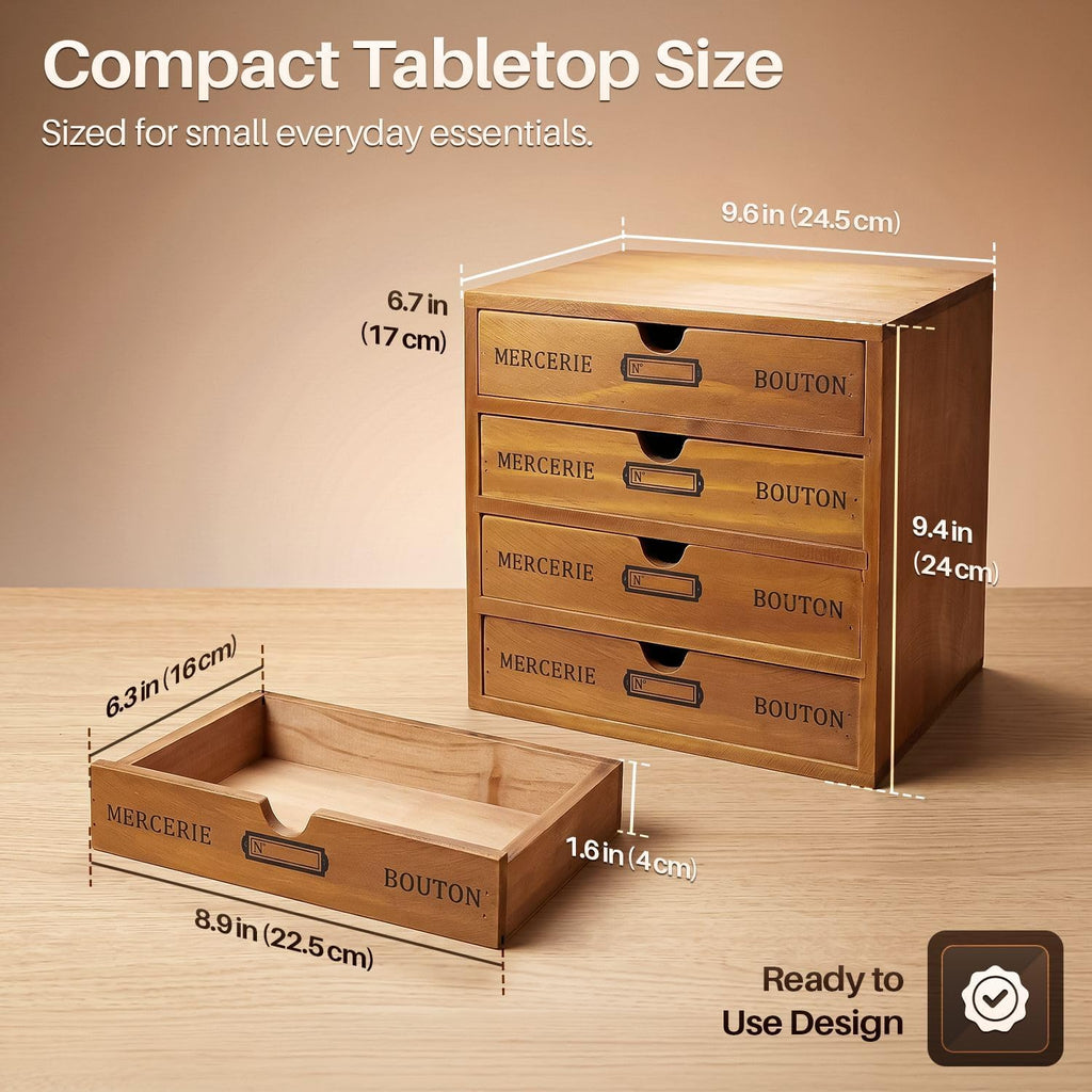 Flexzion Wooden Storage Box with 4 Drawers, Vintage Desktop Organizer