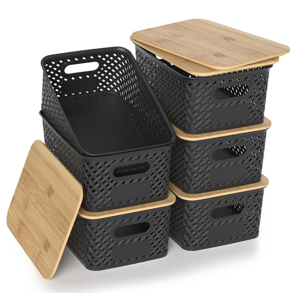 Plastic Storage Bins with Bamboo Lids, Stackable Small Box Baskets for Organizing and Containers for Shelves Drawers Desktop Closet Pantry Classroom Office Home, 6 Pack 10.2x7.2x4.1 Inch, White