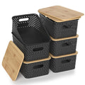 Plastic Storage Bins with Bamboo Lids, Stackable Small Box Baskets for Organizing and Containers for Shelves Drawers Desktop Closet Pantry Classroom Office Home, 6 Pack 10.2x7.2x4.1 Inch, White