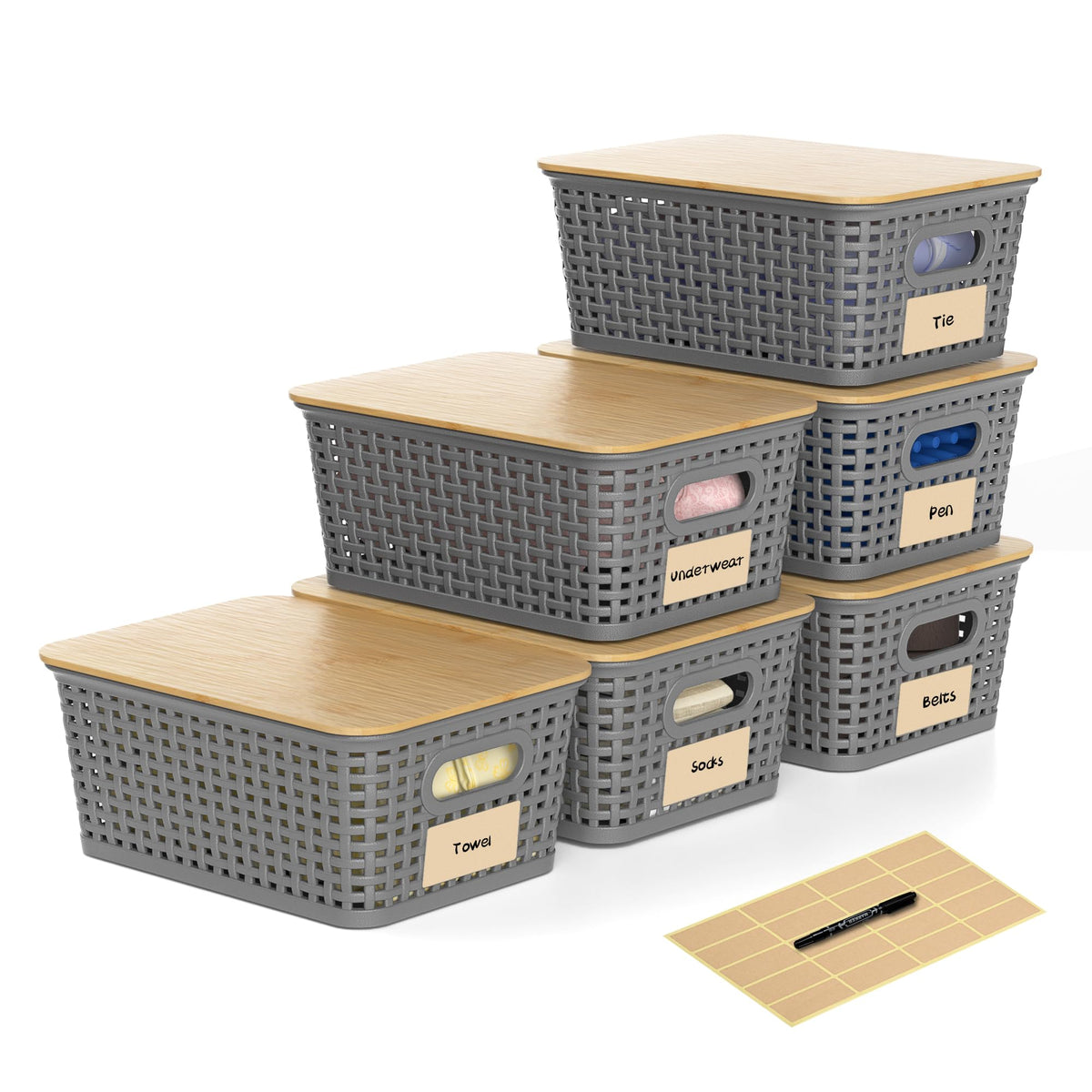6 Pack Plastic Storage Baskets,White bamboo lid storage Box
