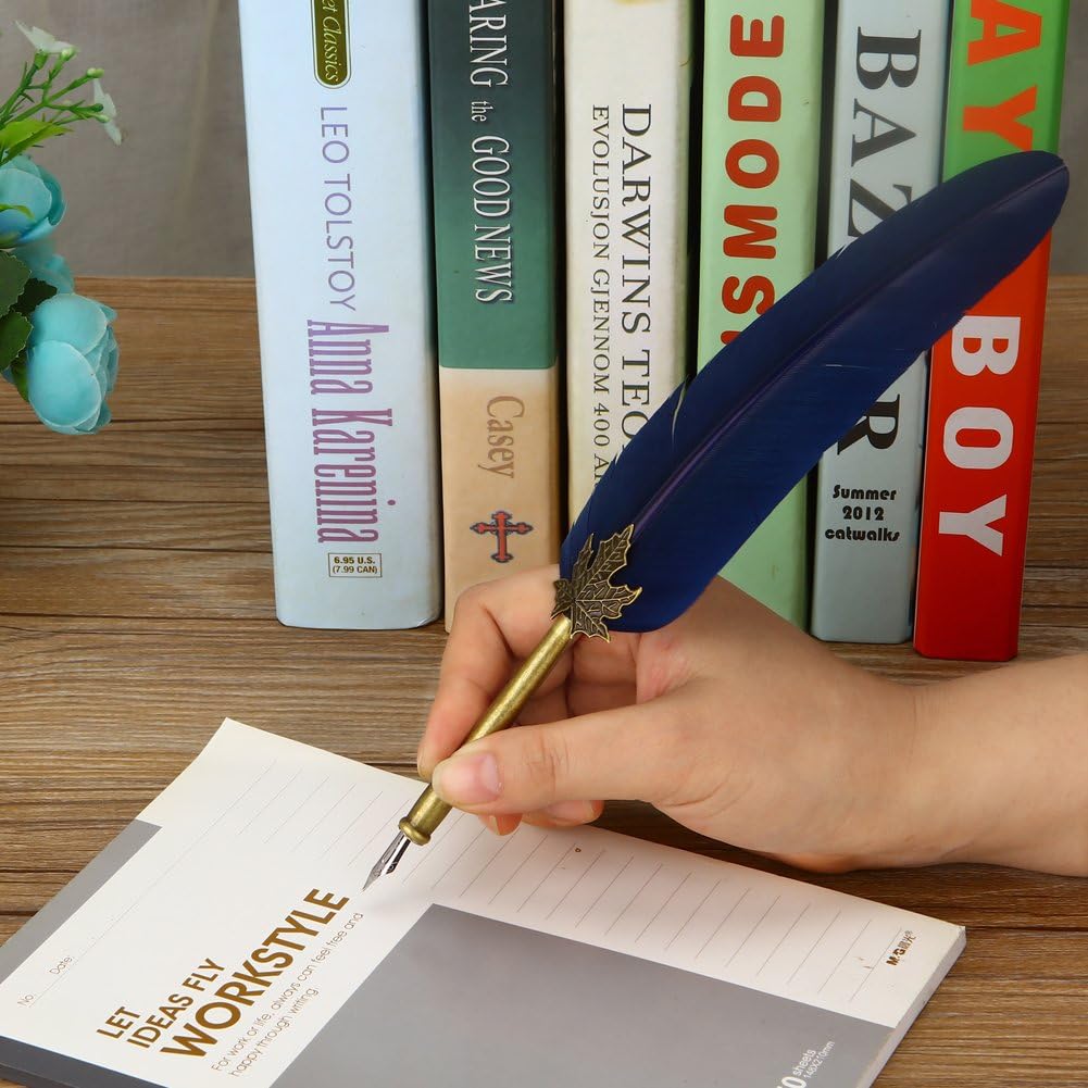 SpyShop Feather Quill Pen Vintage Feather Dip Pen Set Copper Pen Stem Writing Quill Pen Calligraphy Pen As Christmas Birthday Gift Set (Navy Blue)