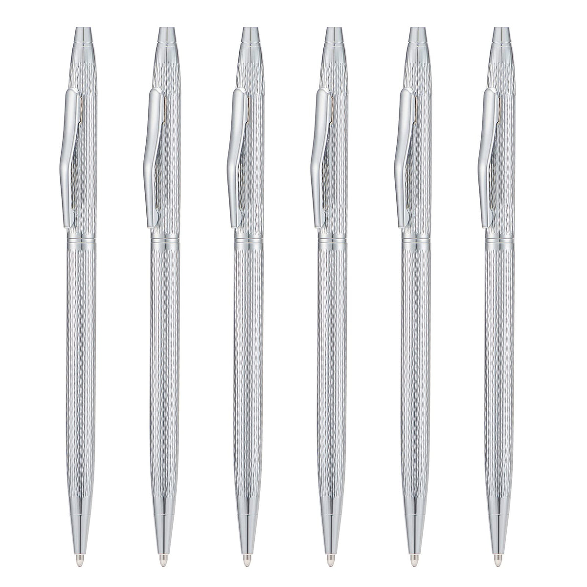 6 Pieces Wikult Silver Slim Metal Ballpoint Pen, 1mm Medium Point Black Ink Smooth Writing, for Business Office Teacher Student Wedding Guest