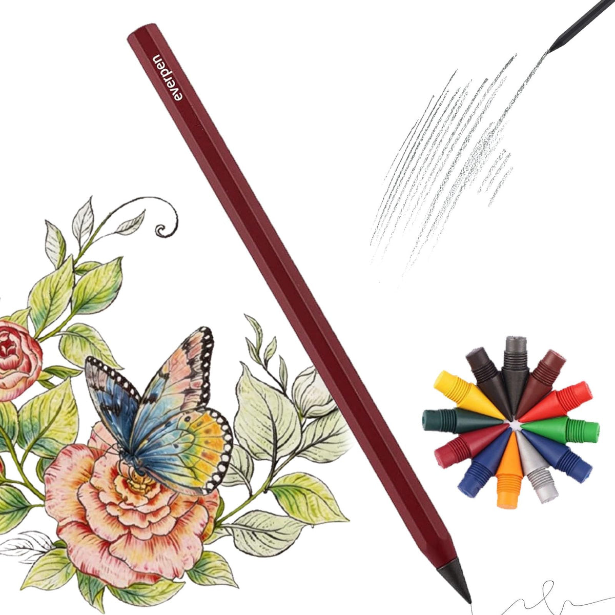 Forever Pencil,Metal Alloy Writing Instrument, With 12 Colored Refill Tips, No Sharpening Required, Pencils for Drawing, Sketching and Writing,Bonus Gift Storage Box (Black, No Gift Box)