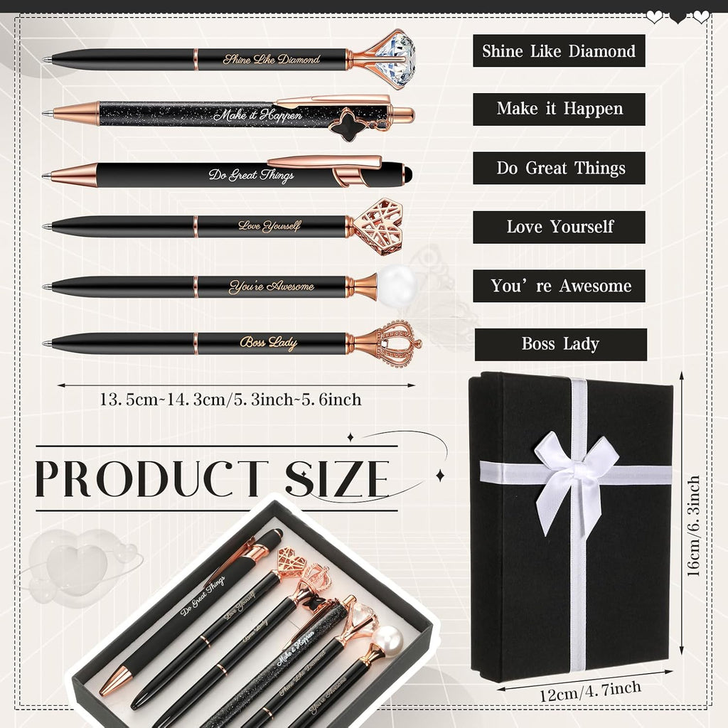 Qeeenar 6 Pcs Fancy Pens for Women Crystal Diamond Pen with Box, Black