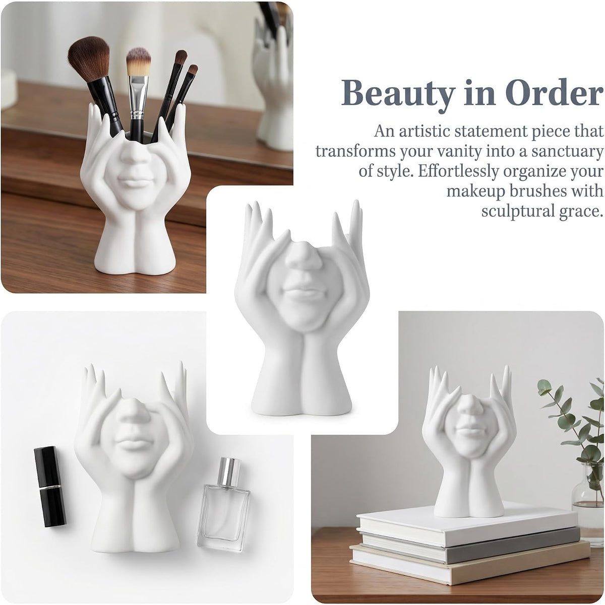 Face-Holding Creative Abstract Pen Holder Pencil Holder, Desktop Decorative Ornament, Vanity Makeup Brush Storage Organizer, Suitable for Home Office Bookshelf Room