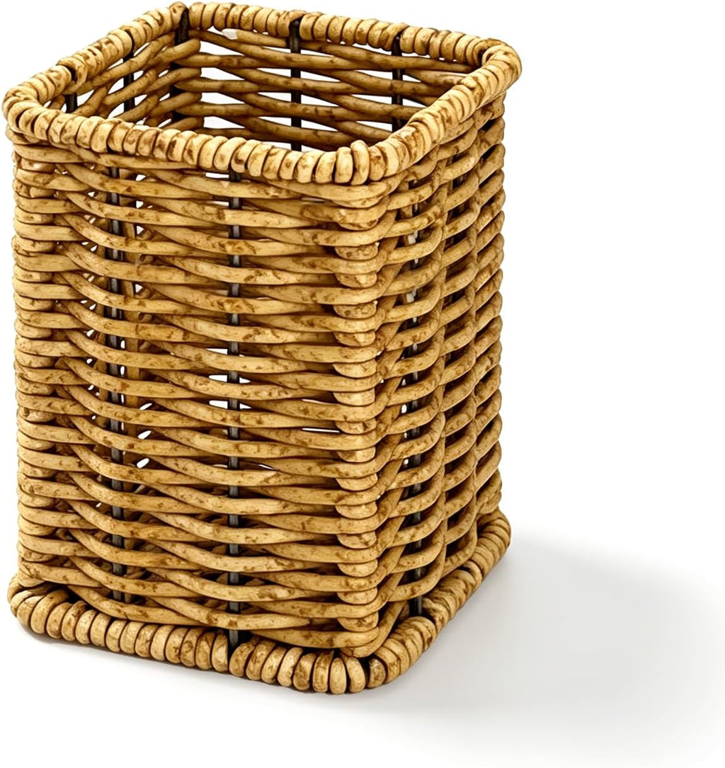 Rattan Woven Pencil Holder, Dark Brown Desk Cup, 4.2×3.2×3.2in