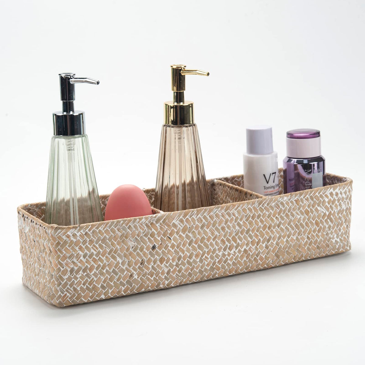 DECRAFTS Seagrass Storage Basket with Lid Rectangular Small Woven Shelf Baskets with Sections for Organize Snack Toys Tampon