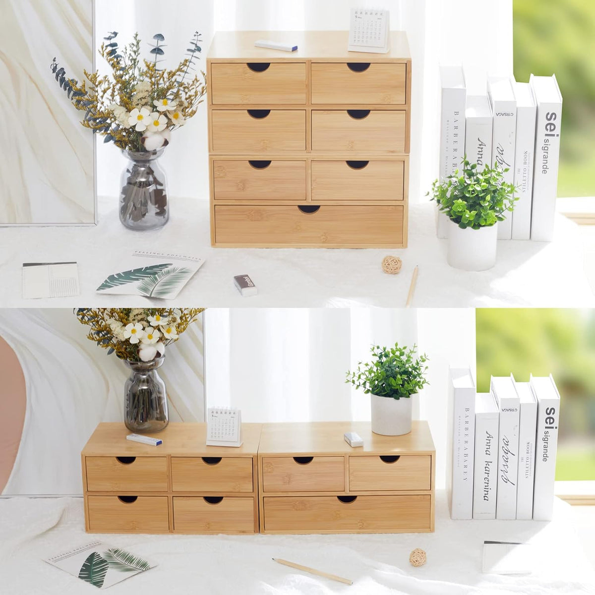 Charmewooden Bamboo Desk Organizer With Drawers Countertop Drawers Counter Storage Box Corner Desk Organizer for Home Office No Assembly Required