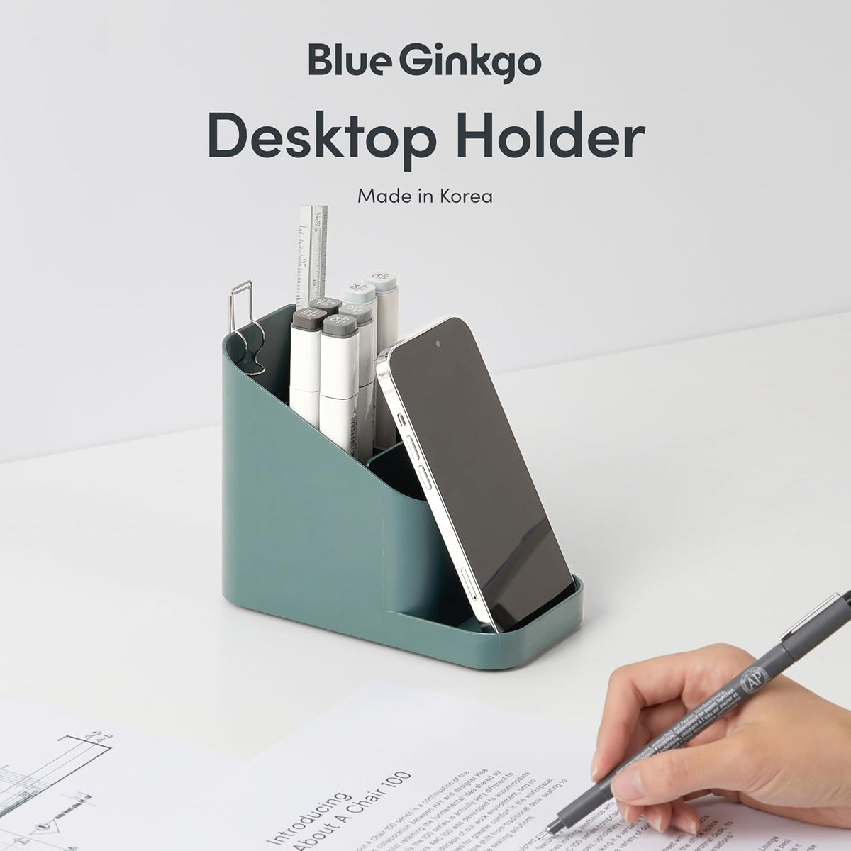 BLUE GINKGO Pen Holder, Desk Organizer, Green, Made in Korea