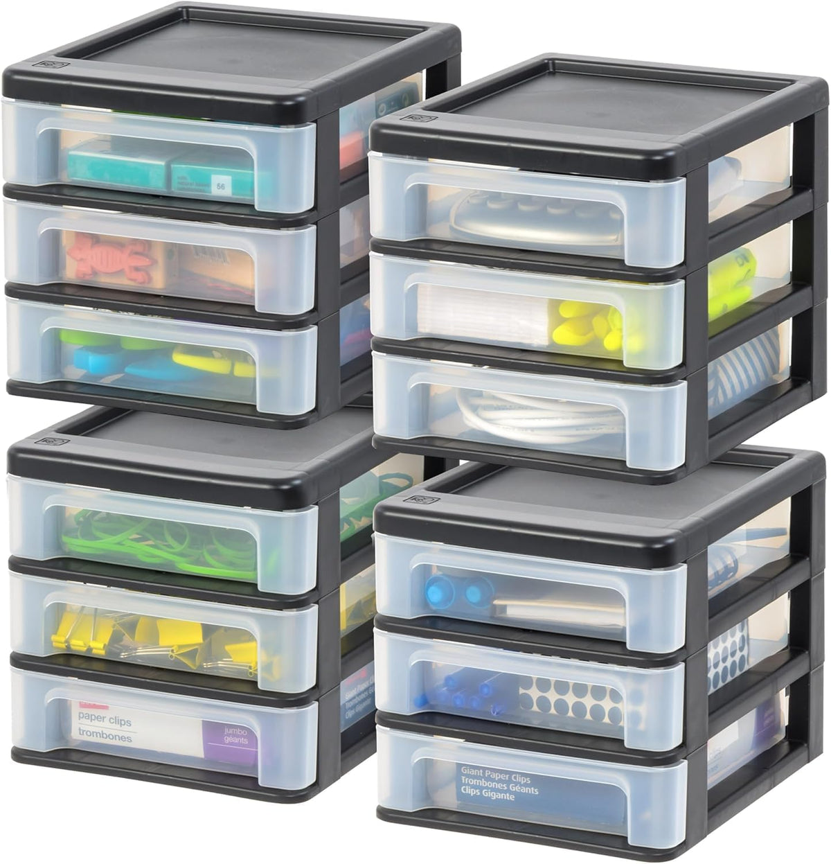 IRIS USA 2-Pack, 3-Drawer Medium Plastic Stacking Desktop Organizer, Black