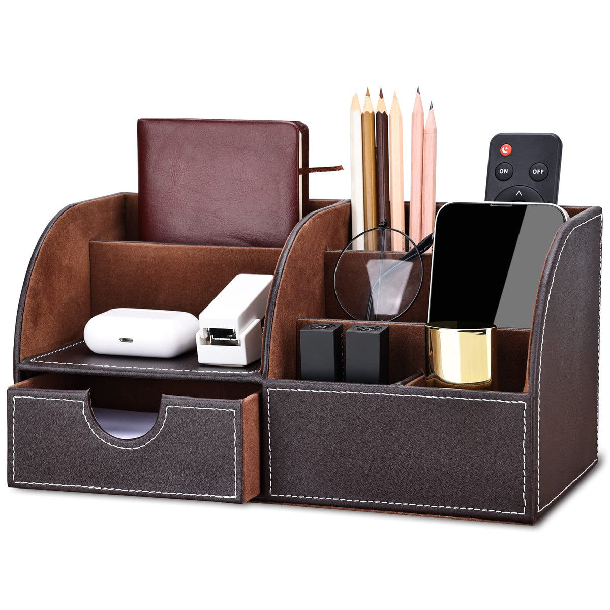 KINGFOM Pu Leather Desk Organizer Pen Pencil Holder Office Supplies Caddy Storage Box 6 Compartments with Drawer Black