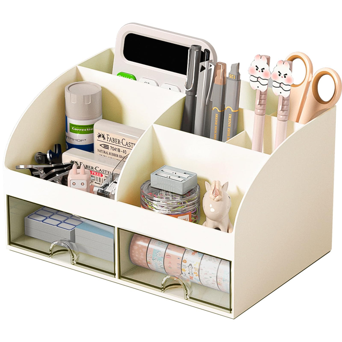 COMFYROOM Desk Organizer with 6 Compartments and 2 Drawers, Plastic Makeup Organizer, Pen Holder for Desktop Storage, Desk Organization for School, Home, Office Supplies (White)