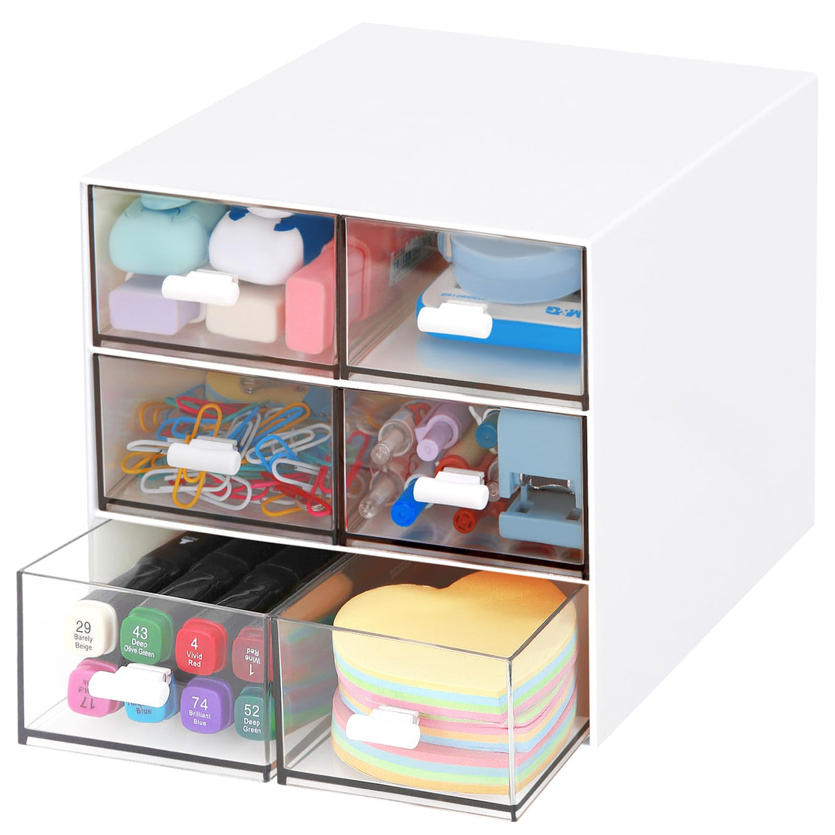Desk Organizer with 5 Drawers, Rectangular Office Stationery Supplies Desktop Drawers, Plastic Makeup Storage, Suitable for Office, School, Home (White & 5 Drawers)
