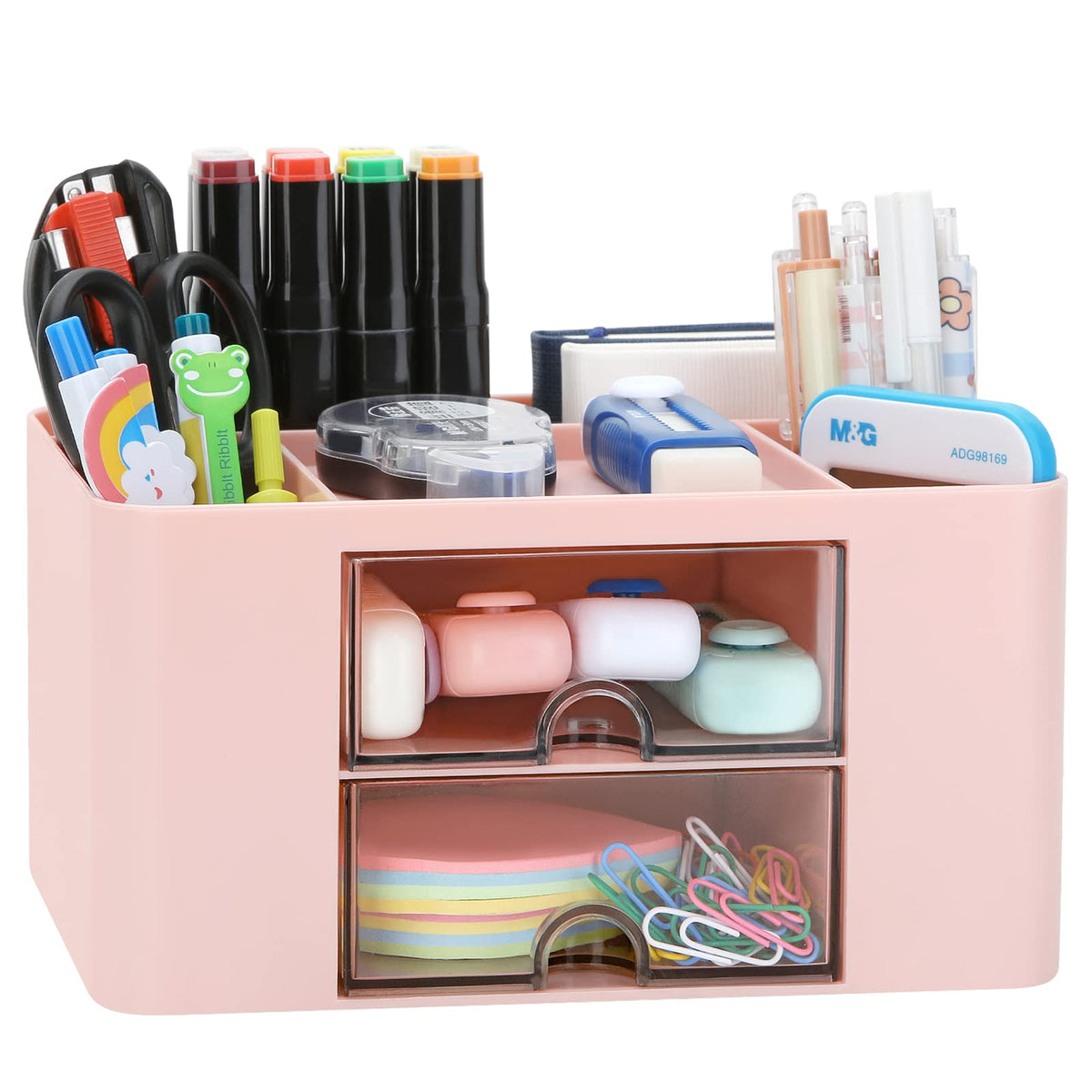 Desk Organizer with 2 Drawer, Plastic Desktop Pen Pencil Card Holder Storage Box for Desk, Office Supplies, Vanity Table Office School Home (White)