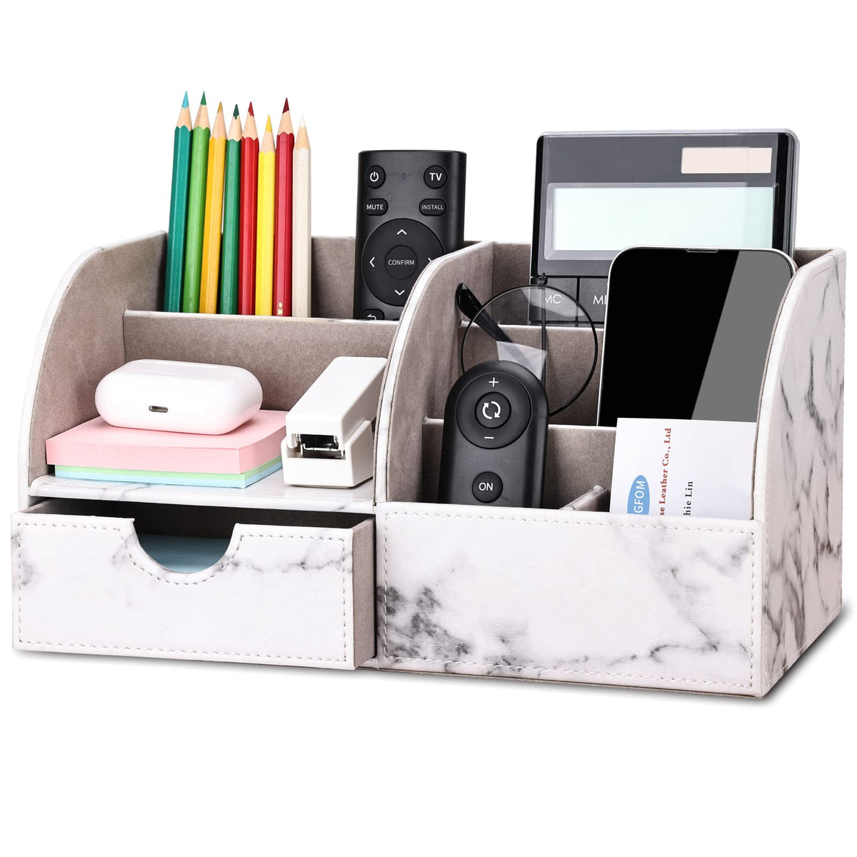 KINGFOM Pu Leather Desk Organizer Pen Pencil Holder Office Supplies Caddy Storage Box 6 Compartments with Drawer Black