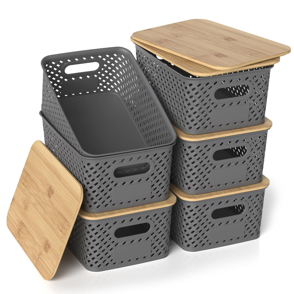 Plastic Storage Bins with Bamboo Lids, Stackable Small Box Baskets for Organizing and Containers for Shelves Drawers Desktop Closet Pantry Classroom Office Home, 6 Pack 10.2x7.2x4.1 Inch, White
