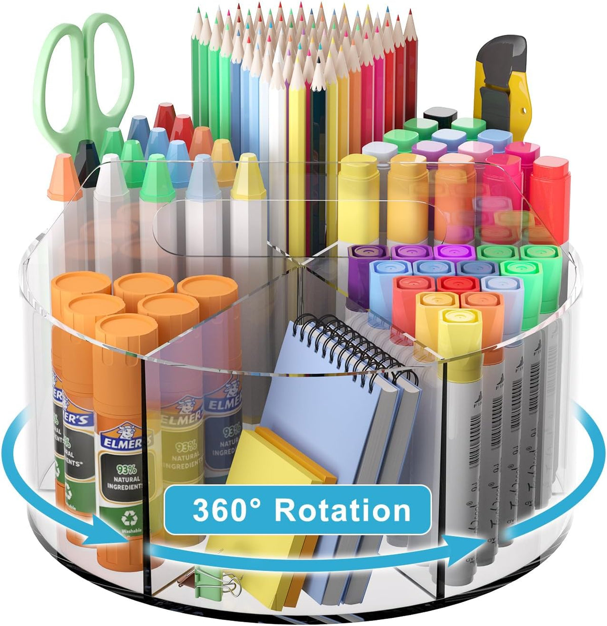 Rotating Markers Organizer for Kids, Acrylic Lazy Susan Organizers for Desks, 360 Degree Spinning Pencil Holders Pen Holders, Clear Arts and Crafts Organizer Storage, Art Supply Storage 6 Compartments