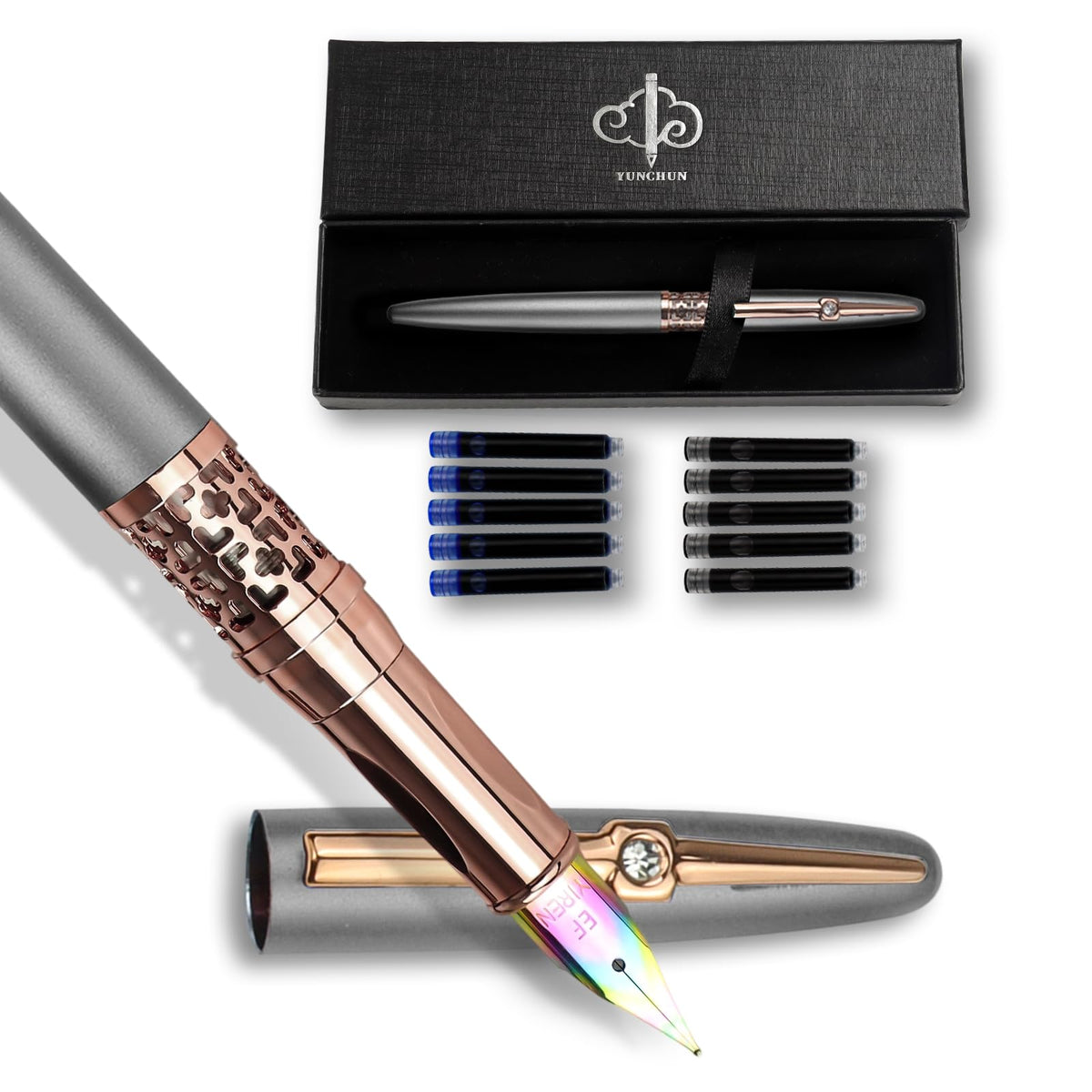 YUNCHUN Refillable Fountain Pen Medium Nib, Fancy Ink Pen with 10 Black & 10 Blue Ink Refills Cartridges, Cool Ink Pens for Writing, Business Metal, Best Gift Set for Men & Women, Red