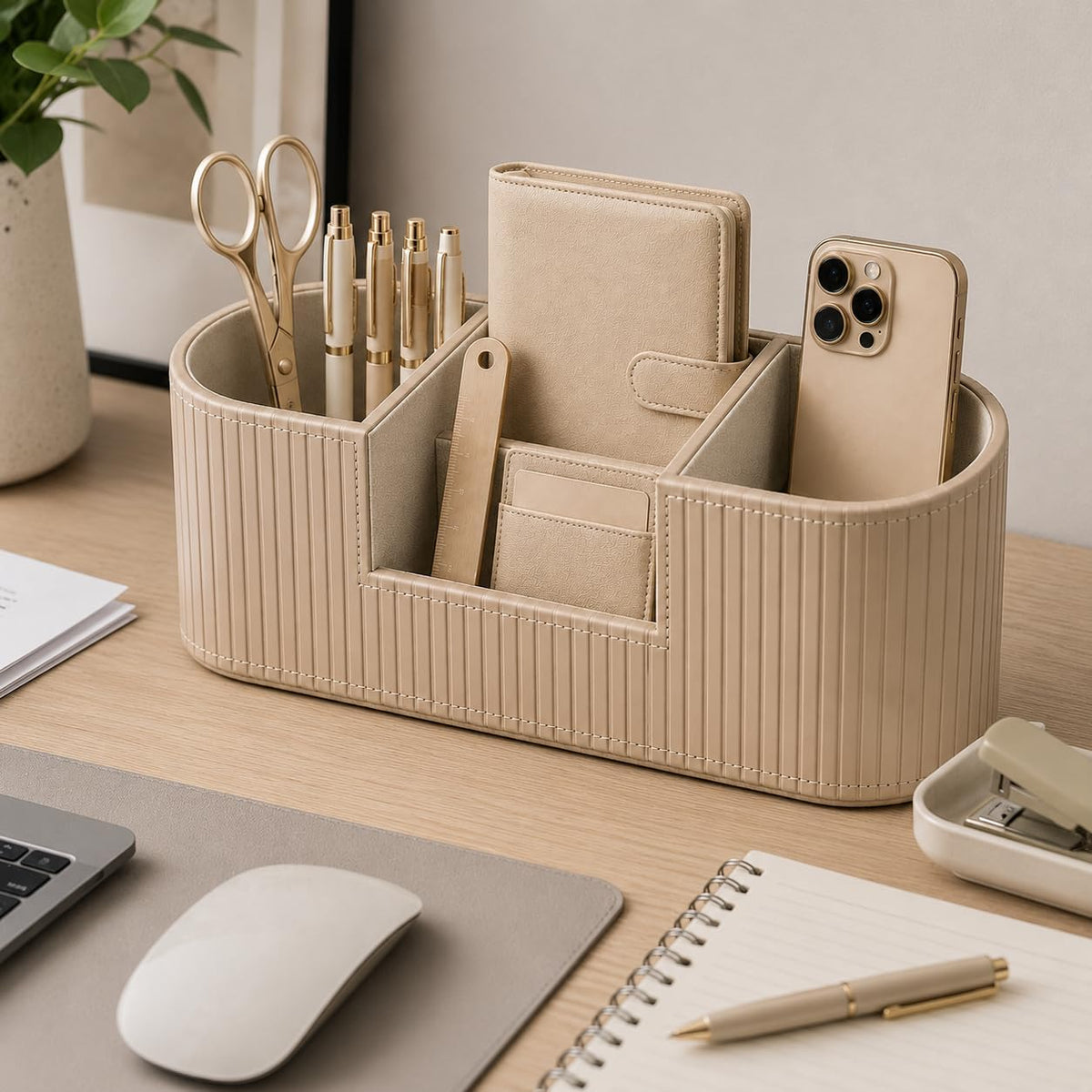 KINGFOM Aesthetic Desk Organizer for Women, Luxury Faux Leather Desk Accessories with 4 Compartments, Minimalist Vanity Organizer for Makeup Brushes, Beige Office Decor for Home, Bedroom & Workspace