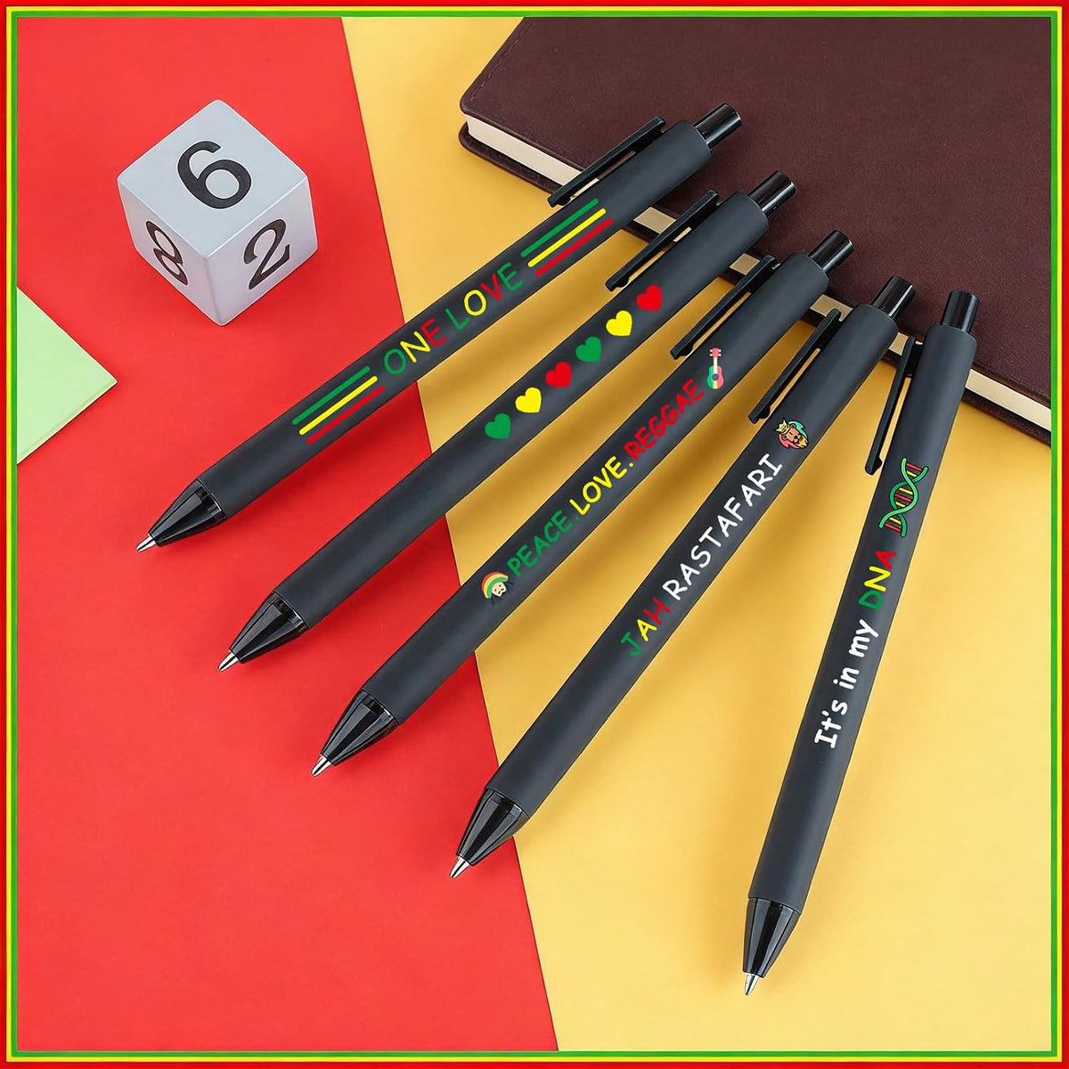 8 Pack Reggae Music Ballpoint Pens, Black Ink Peace Love Quote Writing Instruments for Jamaica Culture Fans, Stylish Stationery Set, Retractable Pens for Office Home Use