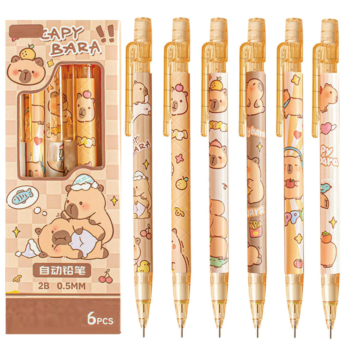 MOZXIRZ 6 Pcs Cute Mechanical Pencils with Eraser 0.5mm Cartoon Peach Mechanical Pencil School Pencil for Women (6pcs Peach/No Refill)