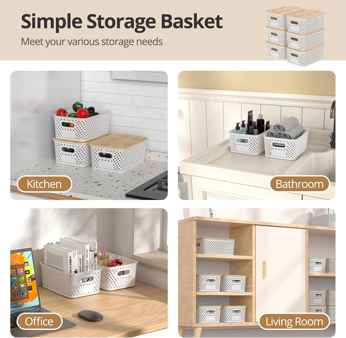 Plastic Storage Bins with Bamboo Lids, Stackable Small Box Baskets for Organizing and Containers for Shelves Drawers Desktop Closet Pantry Classroom Office Home, 6 Pack 10.2x7.2x4.1 Inch, White