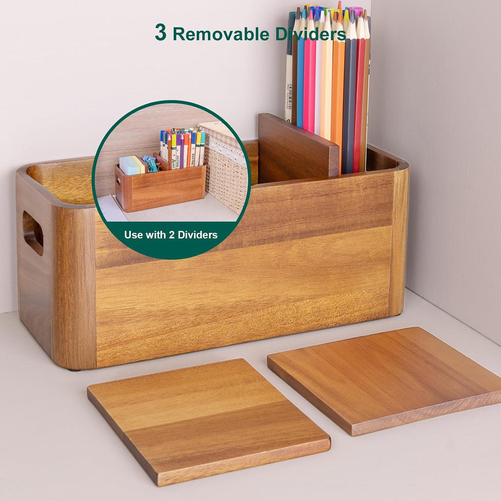 Acacia Wood Pen Holder for Desk, Adjustable Large 4 Cups Desk Organizer