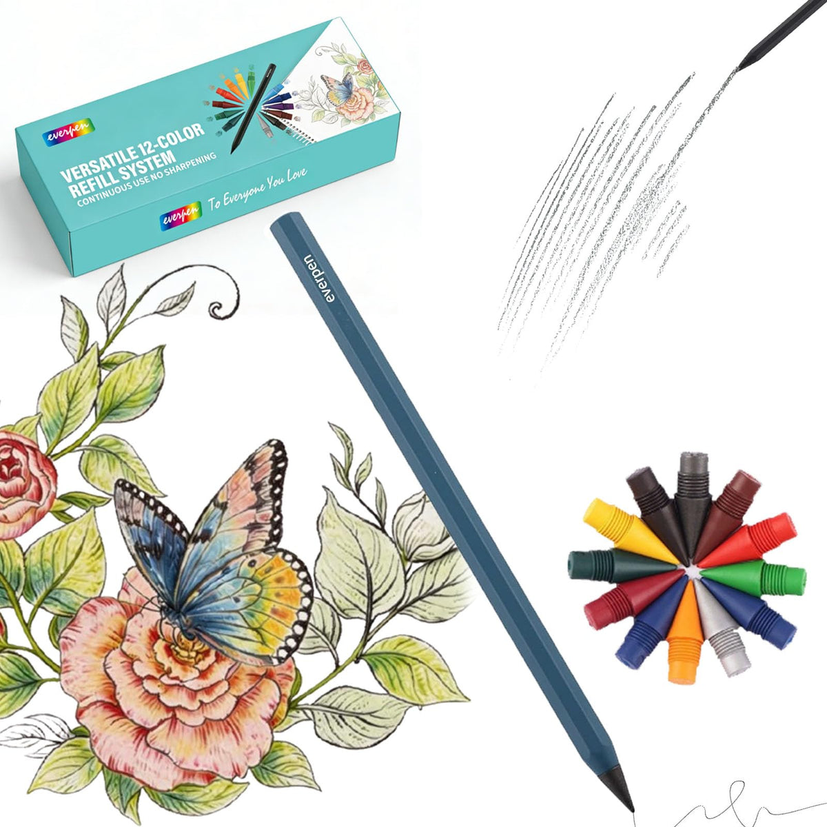 Forever Pencil,Metal Alloy Writing Instrument, With 12 Colored Refill Tips, No Sharpening Required, Pencils for Drawing, Sketching and Writing,Bonus Gift Storage Box (Black, No Gift Box)