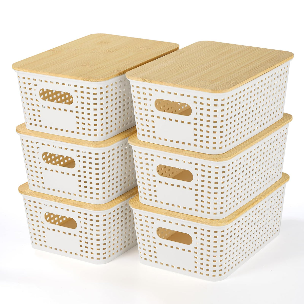 Ohmlove 6 Pack Plastic Storage Baskets with Bamboo Lids for Organization