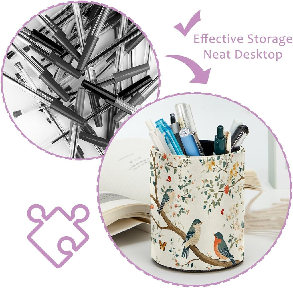 Leather Pen Holder for Desk, Birds Branches Butterflies Pencil Cup Pen Organizer Makeup Brush Holder for Office Home Kids Countertop Desk Accessory Storage