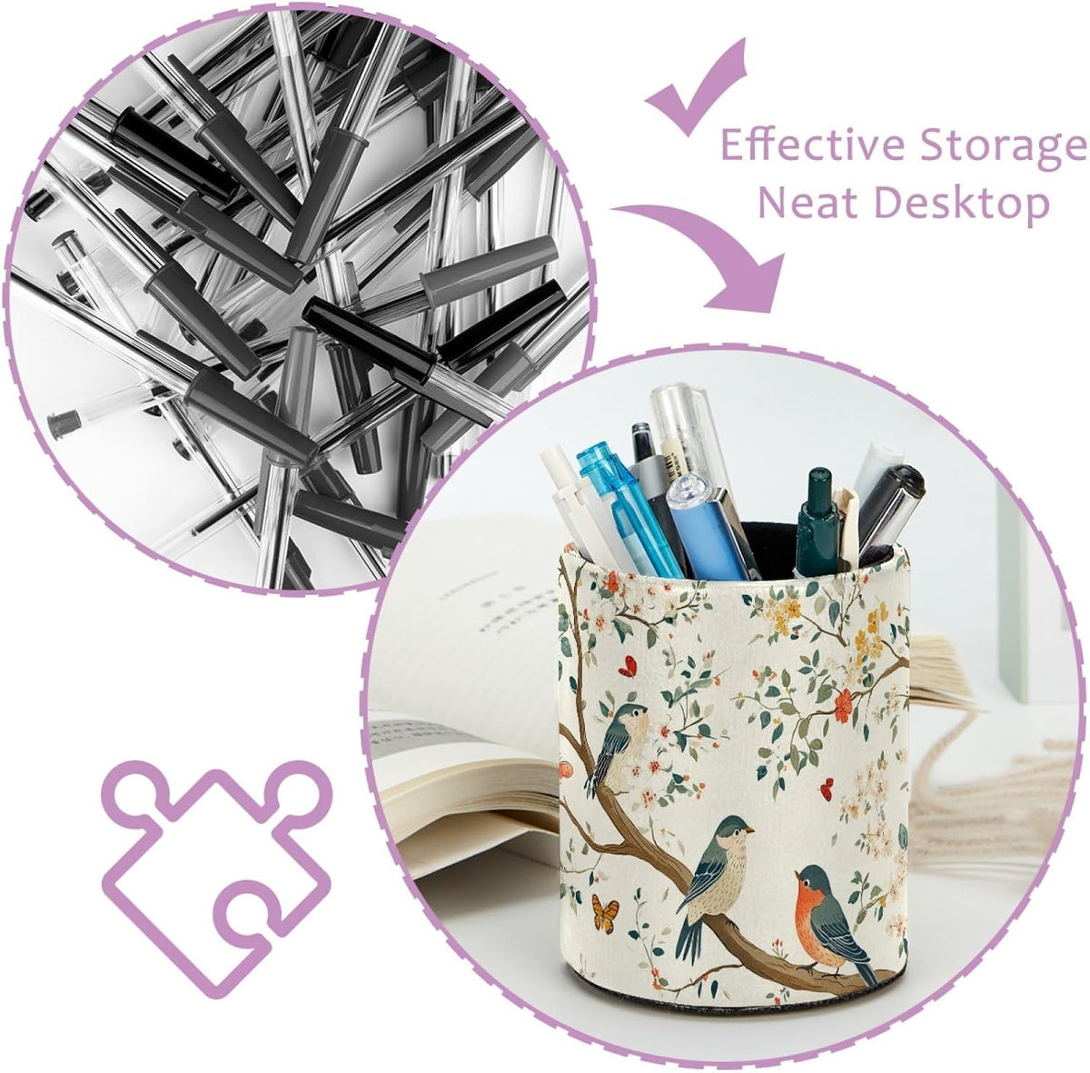 Leather Pen Holder for Desk, Birds Branches Butterflies Pencil Cup Pen Organizer Makeup Brush Holder for Office Home Kids Countertop Desk Accessory Storage