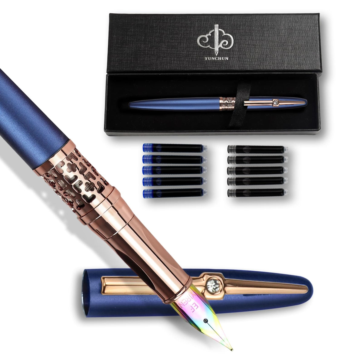 YUNCHUN Refillable Fountain Pen Medium Nib, Fancy Ink Pen with 10 Black & 10 Blue Ink Refills Cartridges, Cool Ink Pens for Writing, Business Metal, Best Gift Set for Men & Women, Red