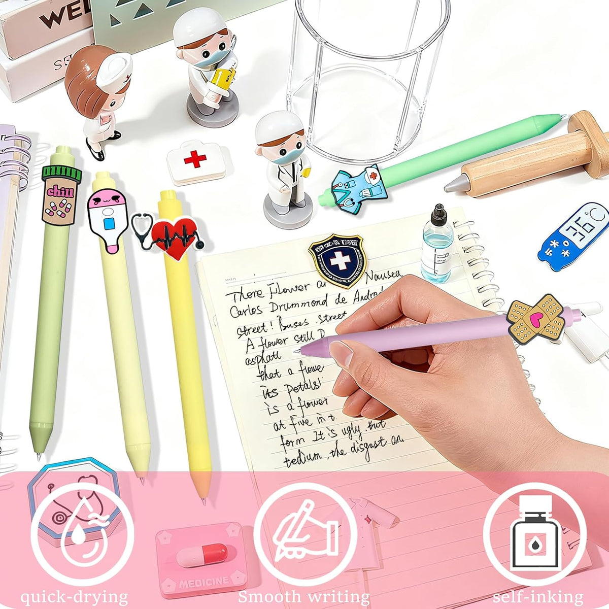 JIZHIYUAN Nurse Pens with Heart, Medicine bottle Designs - Versatile Writing Instruments for CNA, RN, Medical Assistants, Nursing Students | Aesthetic Gel Pen Set Black Ink for School Nurse