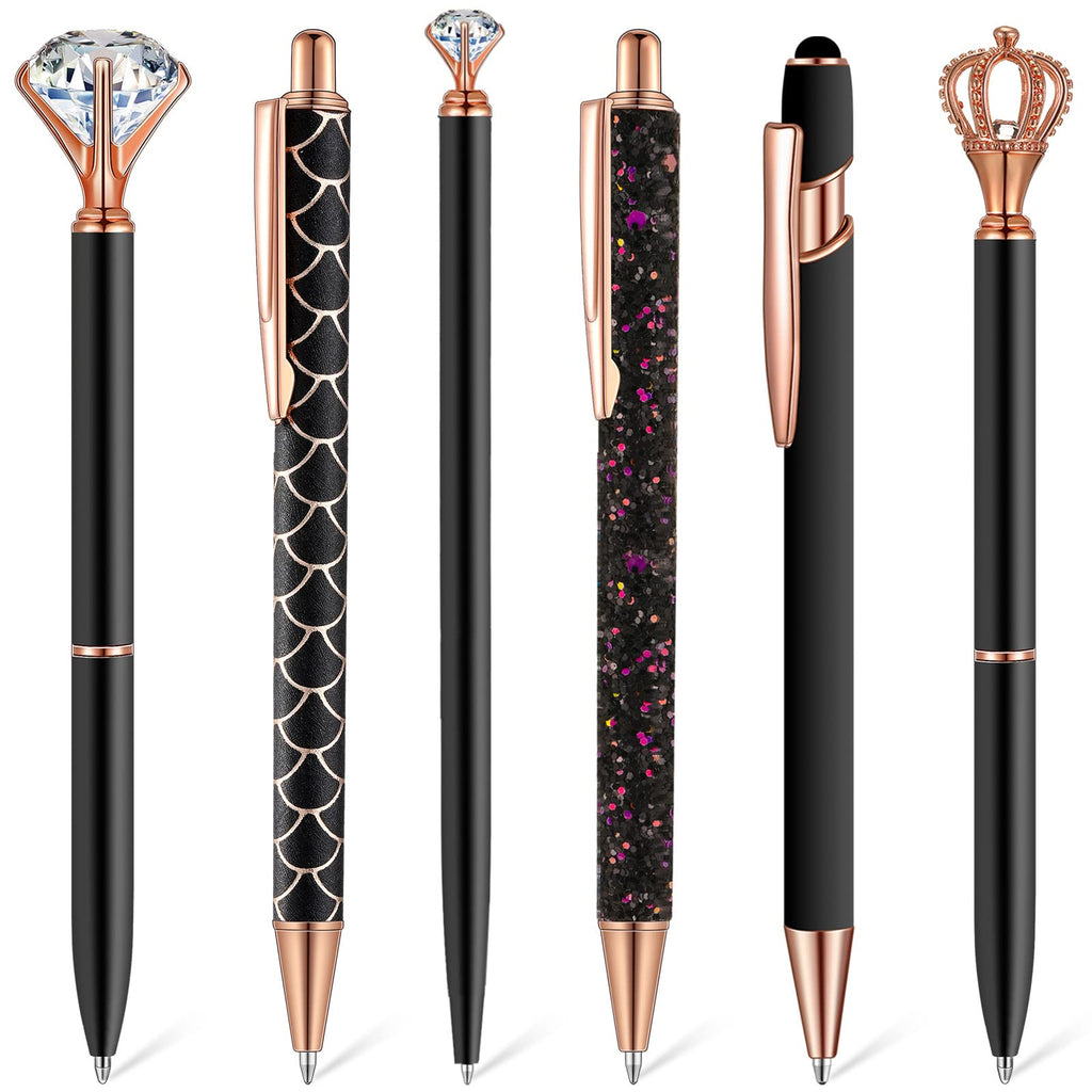 Qeeenar 6 Pcs Fancy Ballpoint Pens Glitter Metal Pens, Black