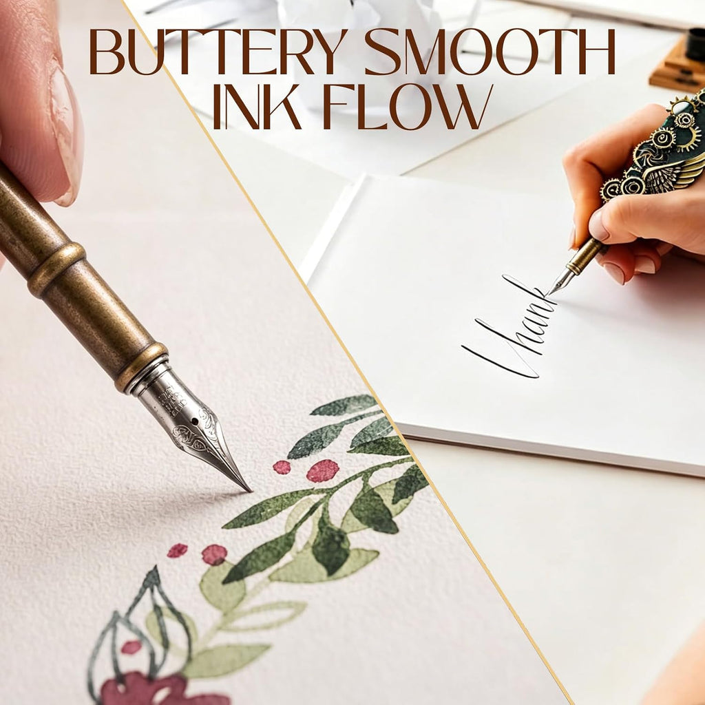 Joyeee Grey Feather Quill Pen Set, with Dip Pen Ink, Pen Nib Base, Replacement Stainless Steel Nibs, Sealing Wax Stamp Kit for Calligraphy Practice, Drawing & Signatures, Best Gifts for Women Men