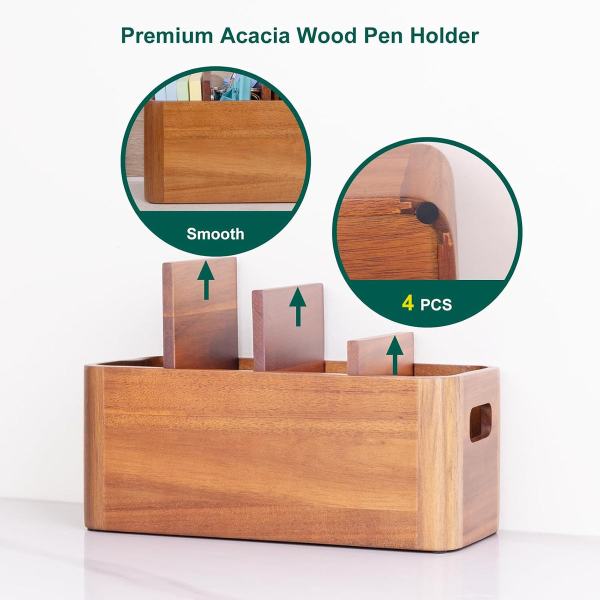 Acacia Wood Pen Holder for Desk, Adjustable Large 4 Cups Desk Organizer