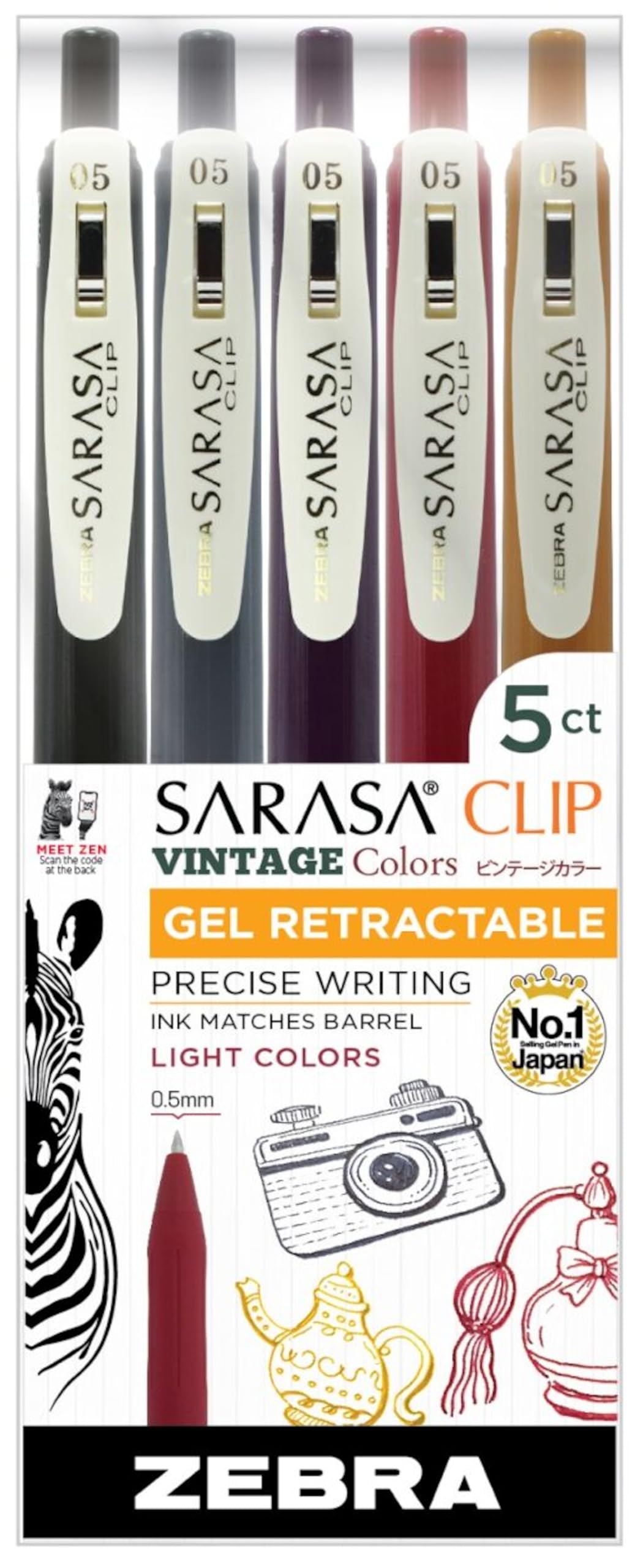 Zebra Pen SARASA Clip Retractable Gel Pen, Assorted Vintage Dark Ink, 5-Pk