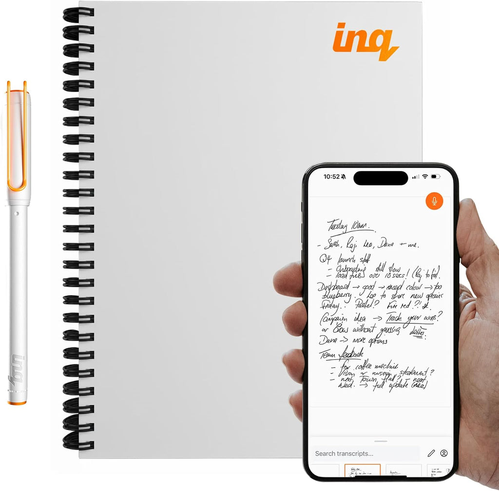 inq Smart Writing Set – Converts Handwriting to Text – Real Ink on Real Paper - AI Note Taking, Voice Recording and Transcription, For iPhone and Android - Smart Pen & Notebook (Letter Size), White