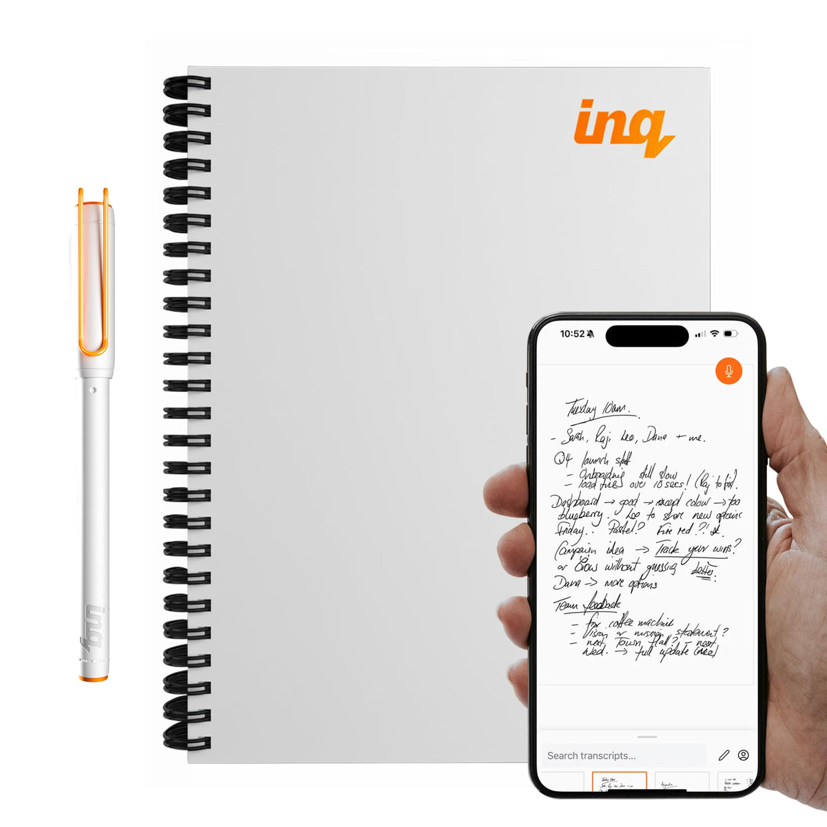 inq Smart Writing Set – Converts Handwriting to Text – Real Ink on Real Paper - AI Note Taking, Voice Recording and Transcription, For iPhone and Android - Smart Pen & Notebook (Letter Size), White