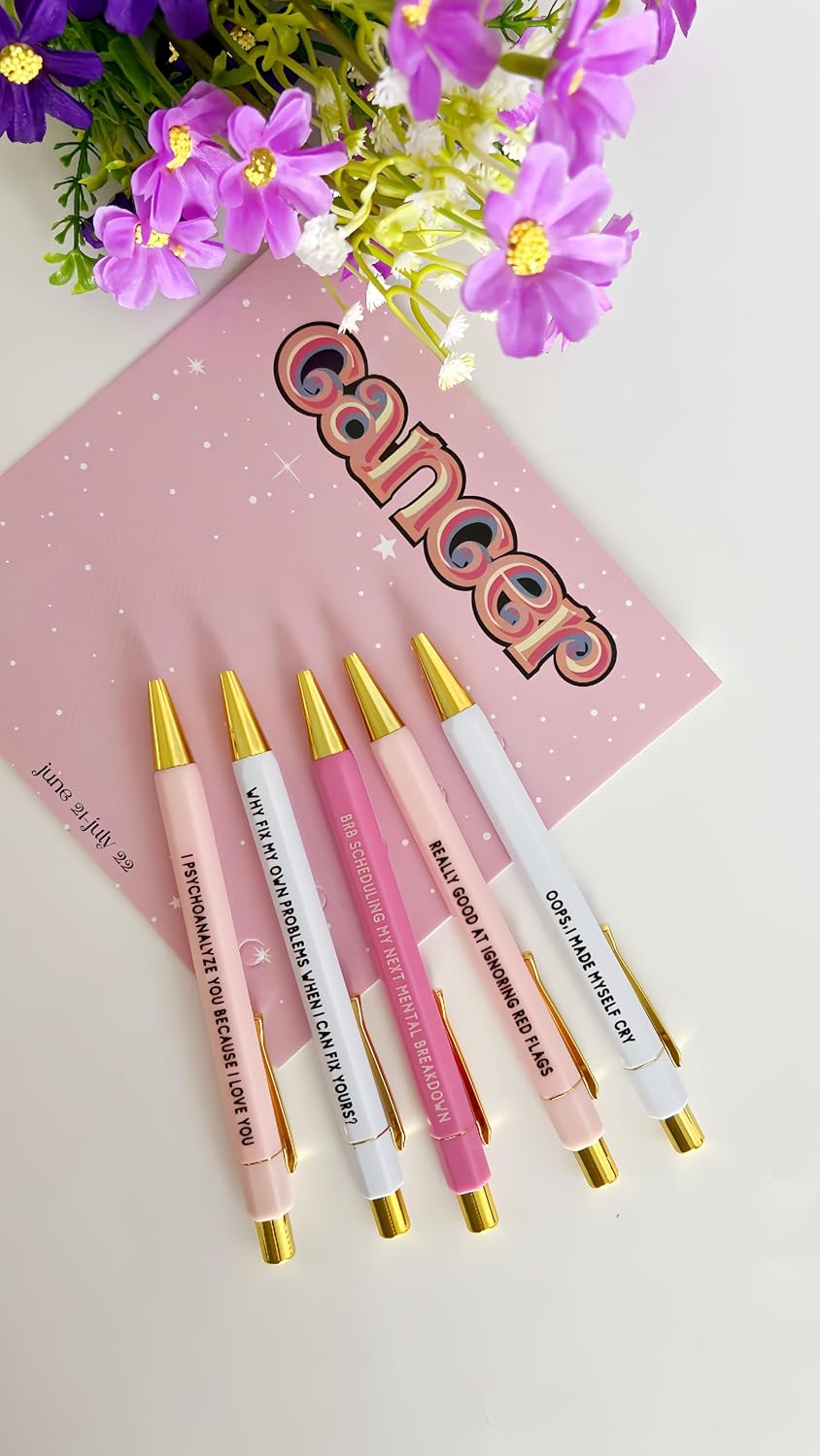 Jxueych 5pcs Cancer Pen Set - Funny Personalized Pens with Inspirational Quotes - Ideal Gift for Friends and Family - Black Ink, Medium Nib 1.0mm
