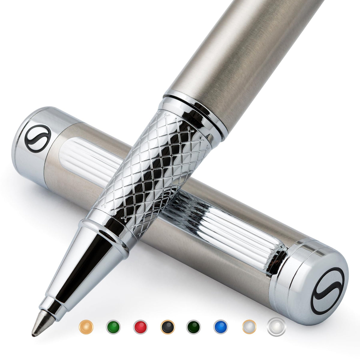 Scriveiner Black Green Rollerball Pen - Stunning Luxury Pen, Chrome Finish, Schmidt Ink Refill, Best Roller Ball Pen Gift Set for Men & Women, Professional, Executive Office