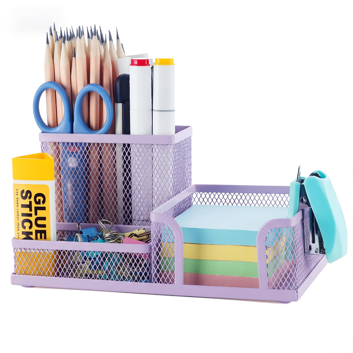 M&G Mesh Pen Holder Desk Organizers Pencil Holder for Desk Pink, 3 Compartments Metal Office Supply Organizer with Sticky Notes Holder for Home Office