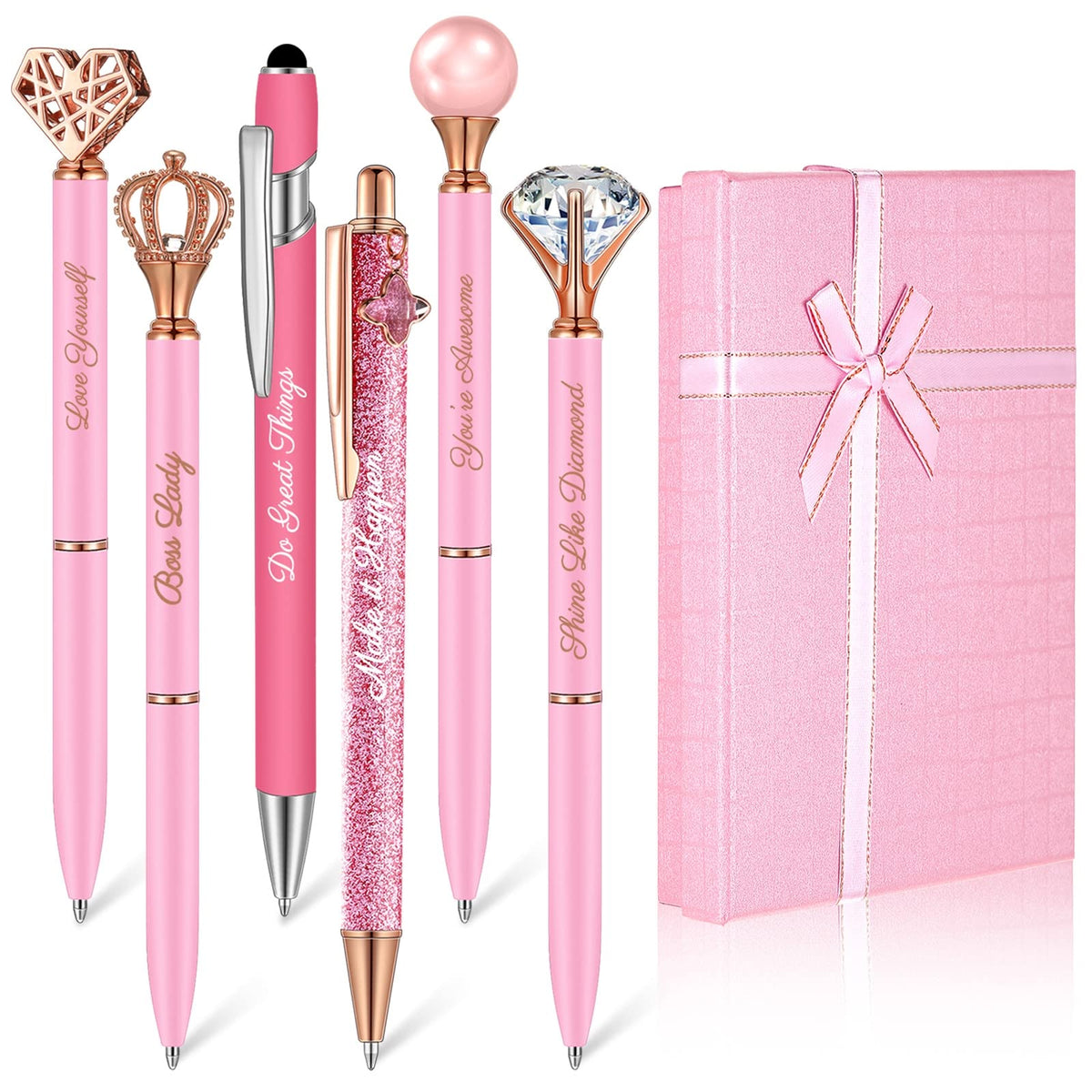 Qeeenar 6 Pcs Fancy Pens for Women Crystal Diamond Pen with Box, Black