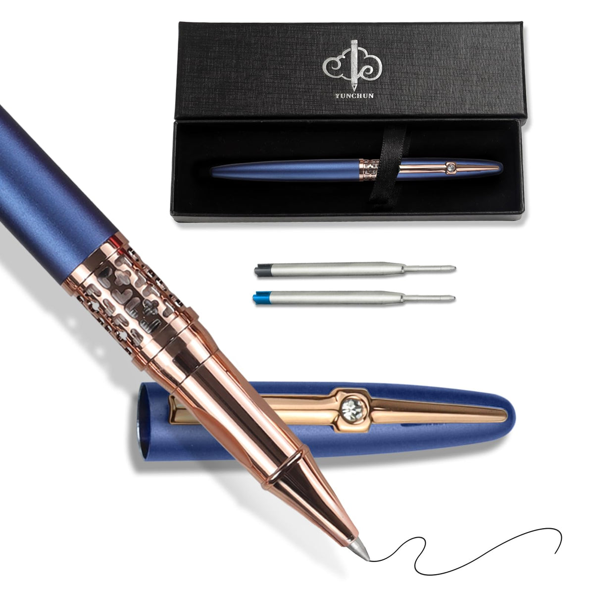 YUNCHUN Refillable Fountain Pen Medium Nib, Fancy Ink Pen with 10 Black & 10 Blue Ink Refills Cartridges, Cool Ink Pens for Writing, Business Metal, Best Gift Set for Men & Women, Red