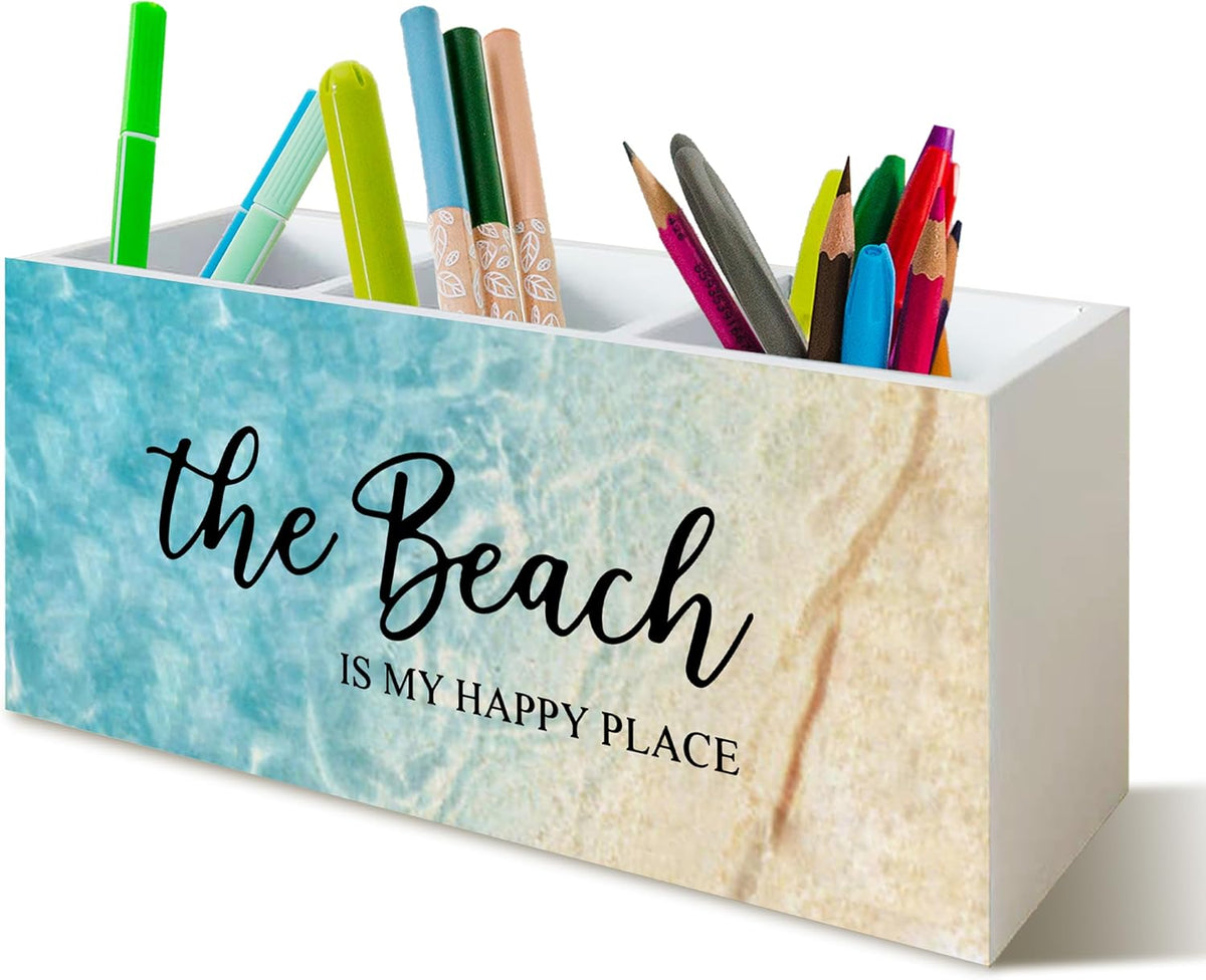 Beach Gifts for Women Men, The Beach Is My Happy Place Pen Holder for Home Office Kitchen Desk Decor, Beach Wooden Pencil Holder Sign Organizer for Home Office Desk Accessories,