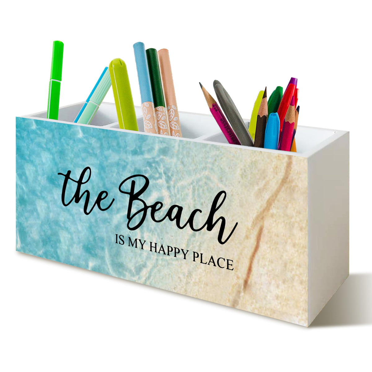 Beach Gifts for Women Men, The Beach Is My Happy Place Pen Holder for Home Office Kitchen Desk Decor, Beach Wooden Pencil Holder Sign Organizer for Home Office Desk Accessories,