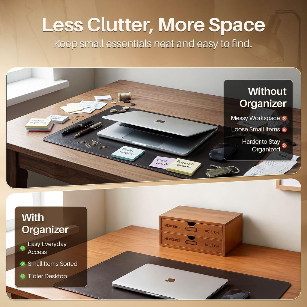 Flexzion Wooden Storage Box with 2 Drawers, Vintage Desktop Organizer