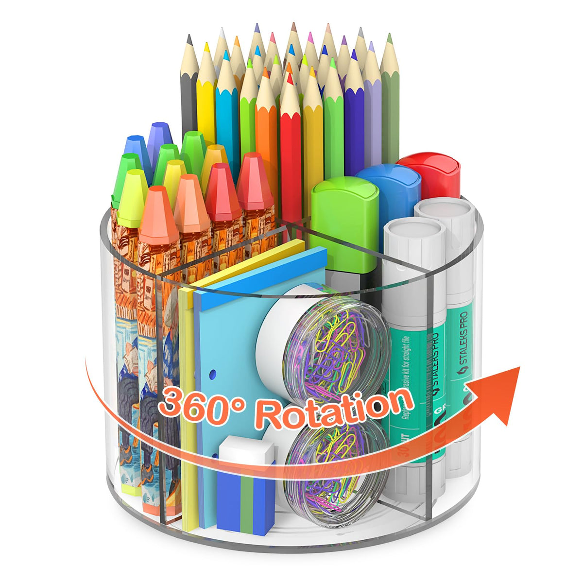 Mefirt Acrylic Pen Holder, 360 Degree Rotating Pen Organizer, Rotating Desk Acrylic Office Organizer with 6 Compartments, Marker Organizer for Kid, Crayon Caddy School Art Supply Storage Organizer