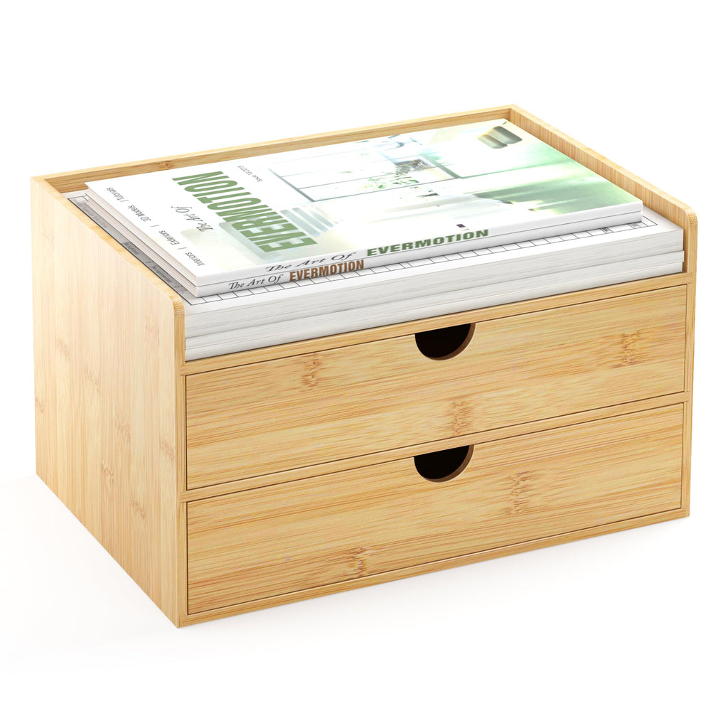 Bamboo Desk Organizer with Drawers, Desktop Storage Box for Office Supplies
